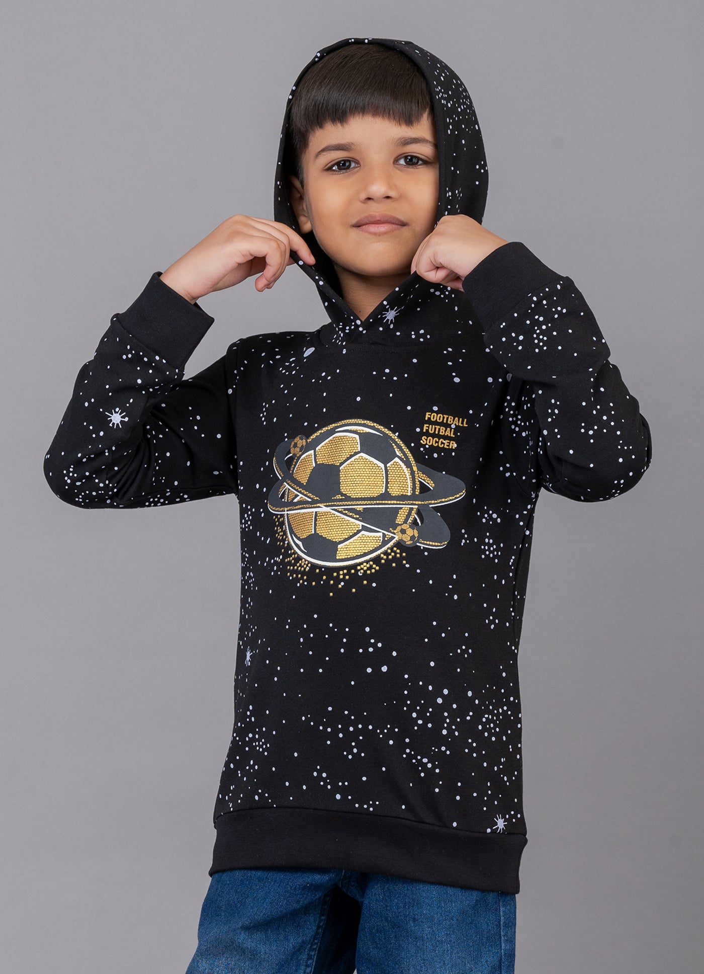 Boys Cotton Made Full Sleeve Football Theme Black Hooded Sweatshirt