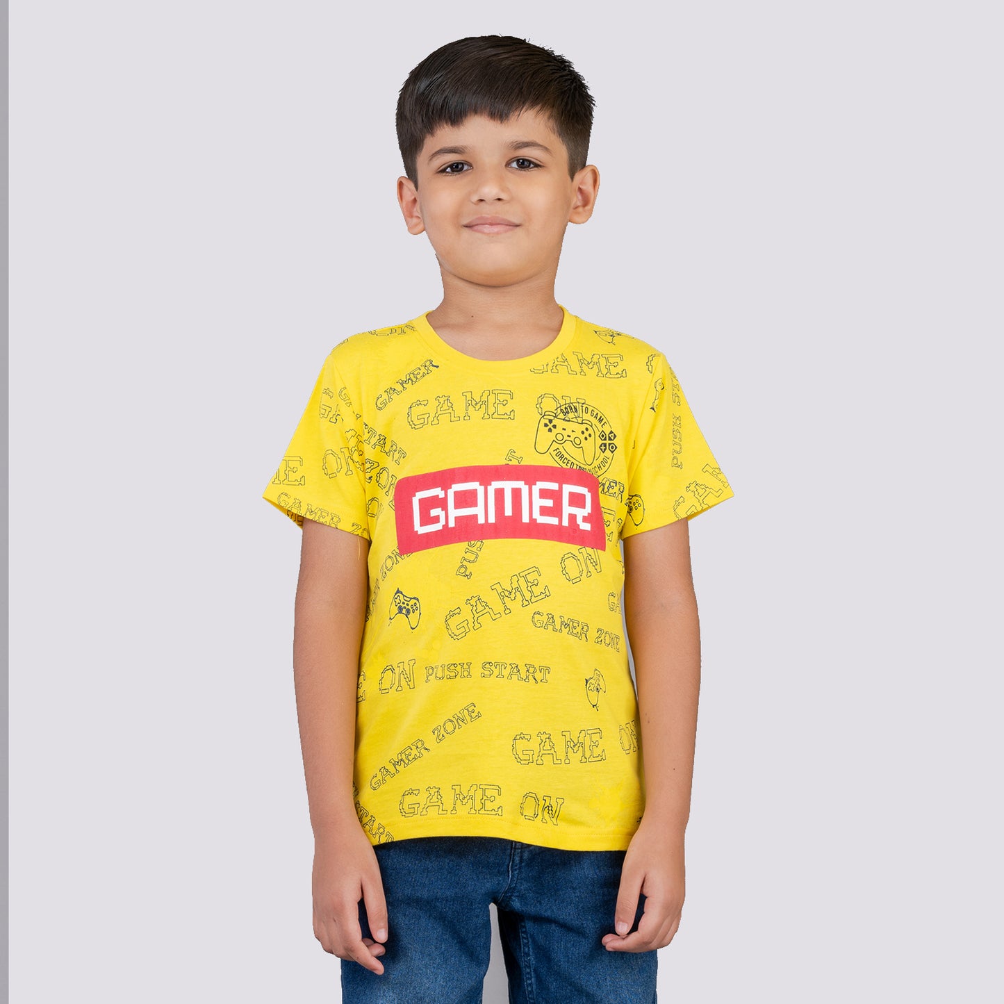 Boys Cotton Made Half Sleeve Game Theme Yellow Round Neck T-Shirt