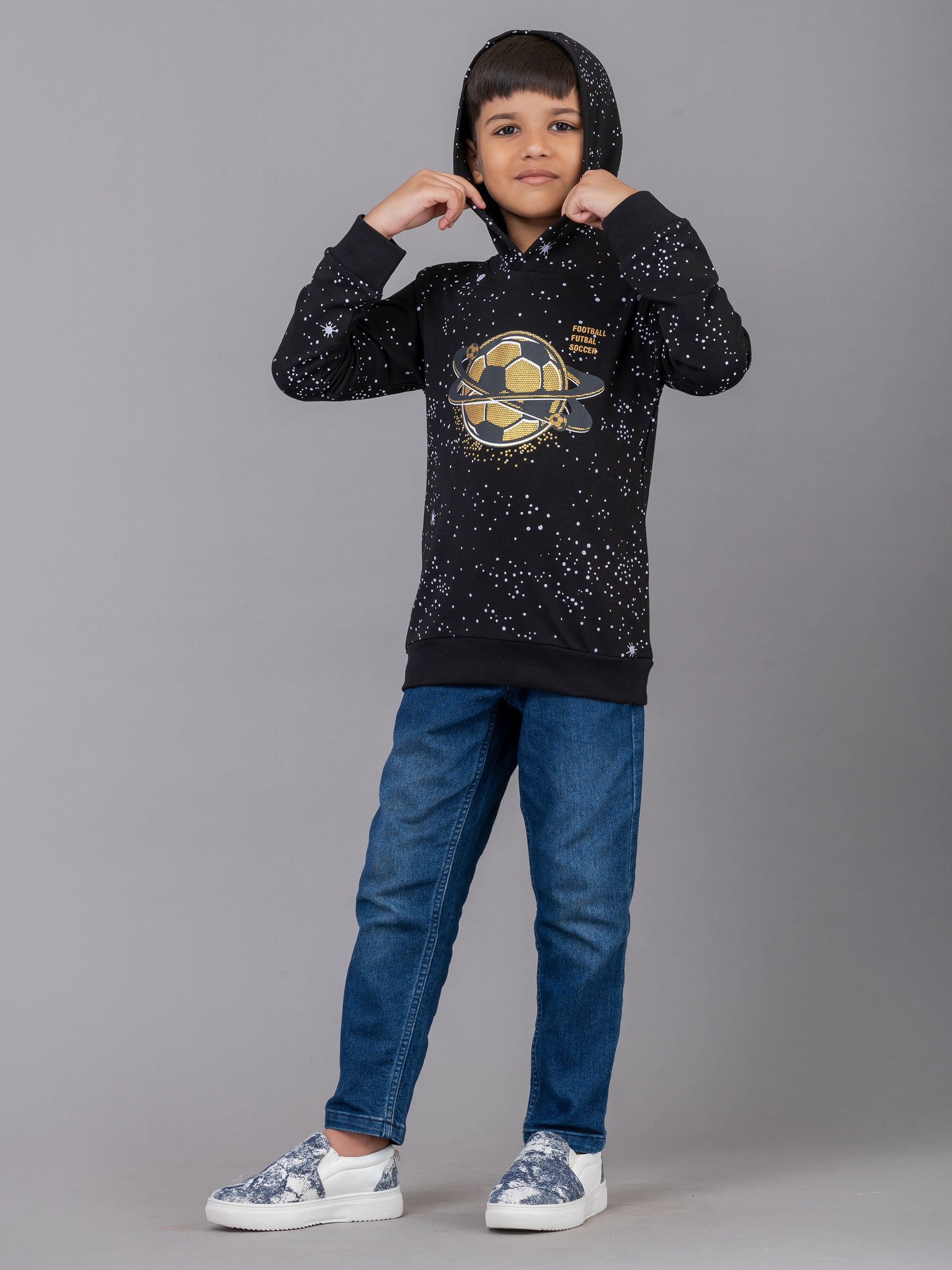 Boys Cotton Made Full Sleeve Football Theme Black Hooded Sweatshirt