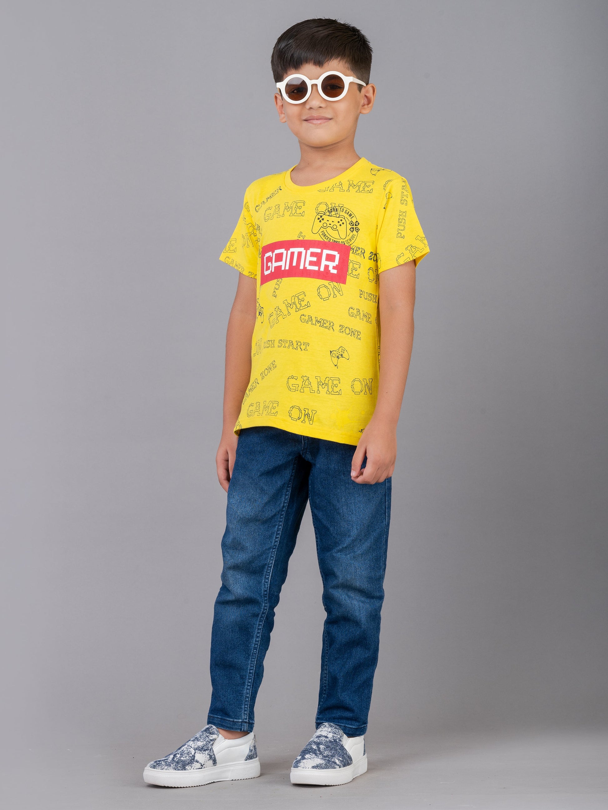 Boys Cotton Made Half Sleeve Game Theme Yellow Round Neck T-Shirt