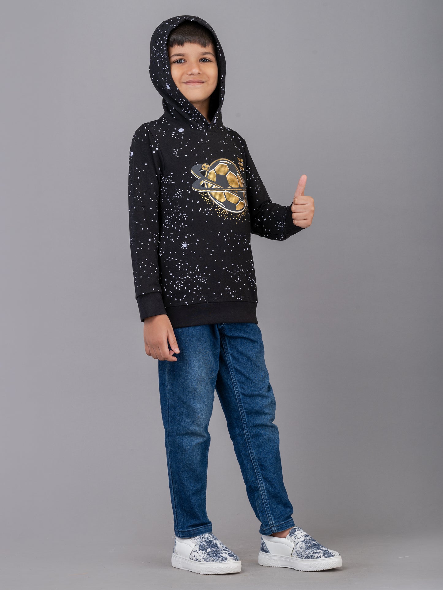 Boys Cotton Made Full Sleeve Football Theme Black Hooded Sweatshirt