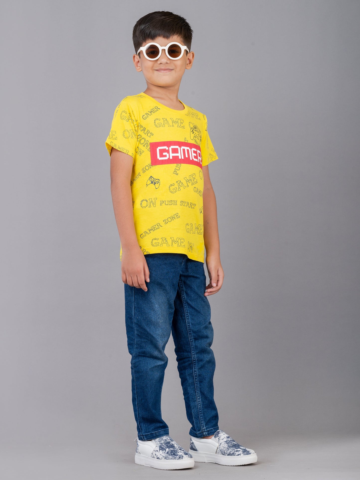 Boys Cotton Made Half Sleeve Game Theme Yellow Round Neck T-Shirt