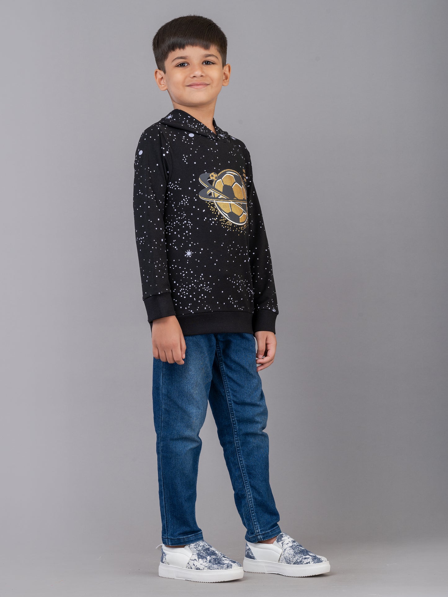 Boys Cotton Made Full Sleeve Football Theme Black Hooded Sweatshirt