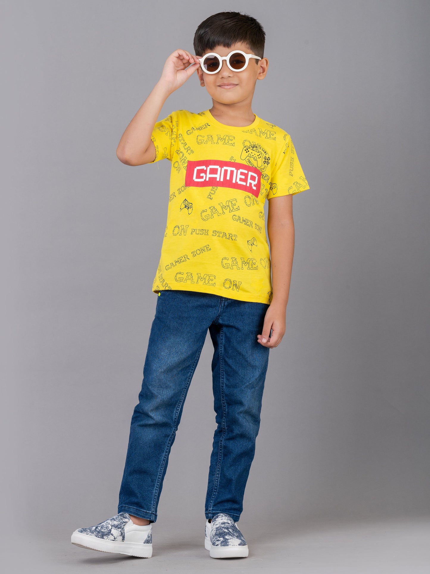 Boys Cotton Made Half Sleeve Game Theme Yellow Round Neck T-Shirt