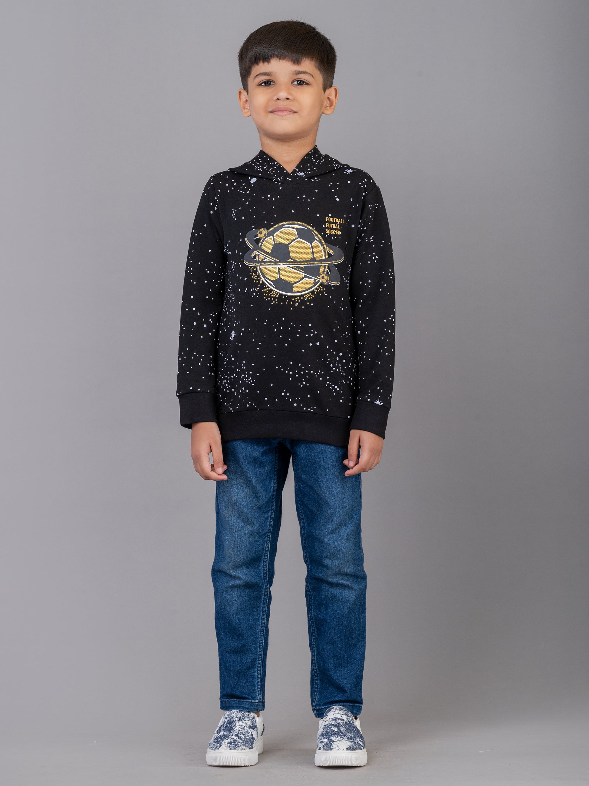 Boys Cotton Made Full Sleeve Football Theme Black Hooded Sweatshirt