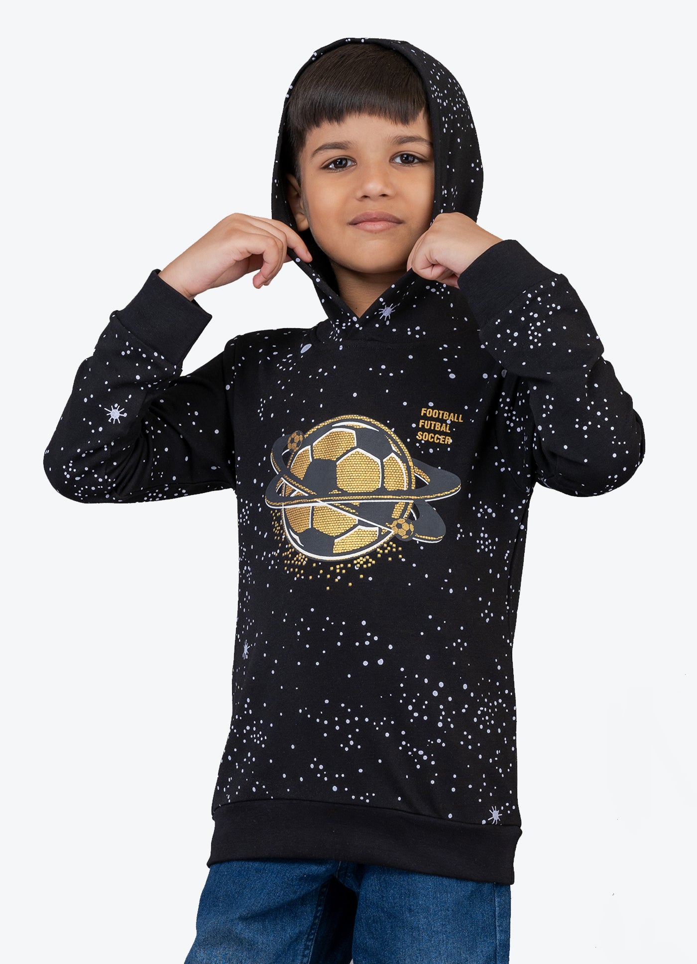 Boys Cotton Made Full Sleeve Football Theme Black Hooded Sweatshirt